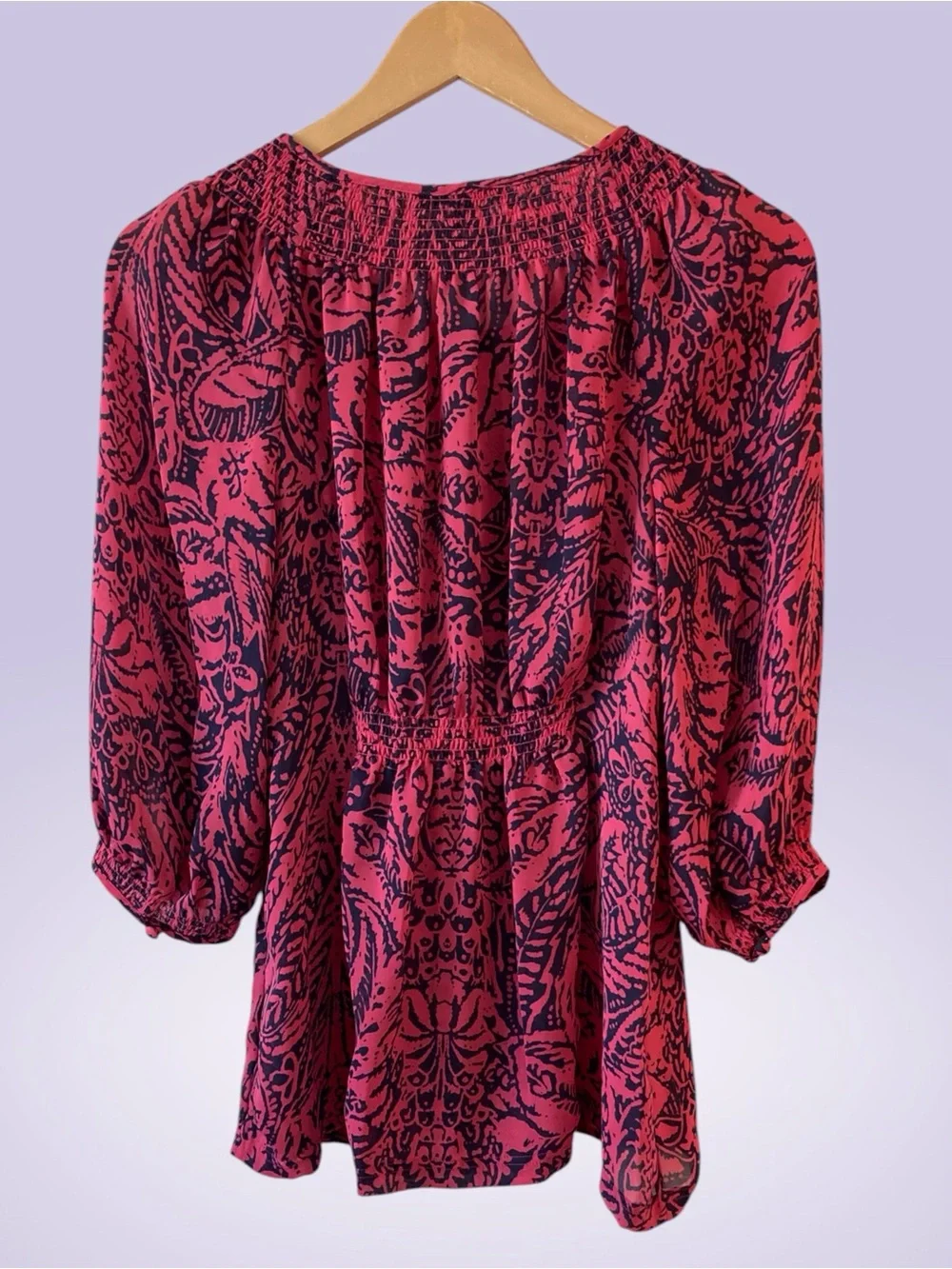 BANANA REPUBLIC | Pink & Navy Abstract Print Smocked Blouse | Size L